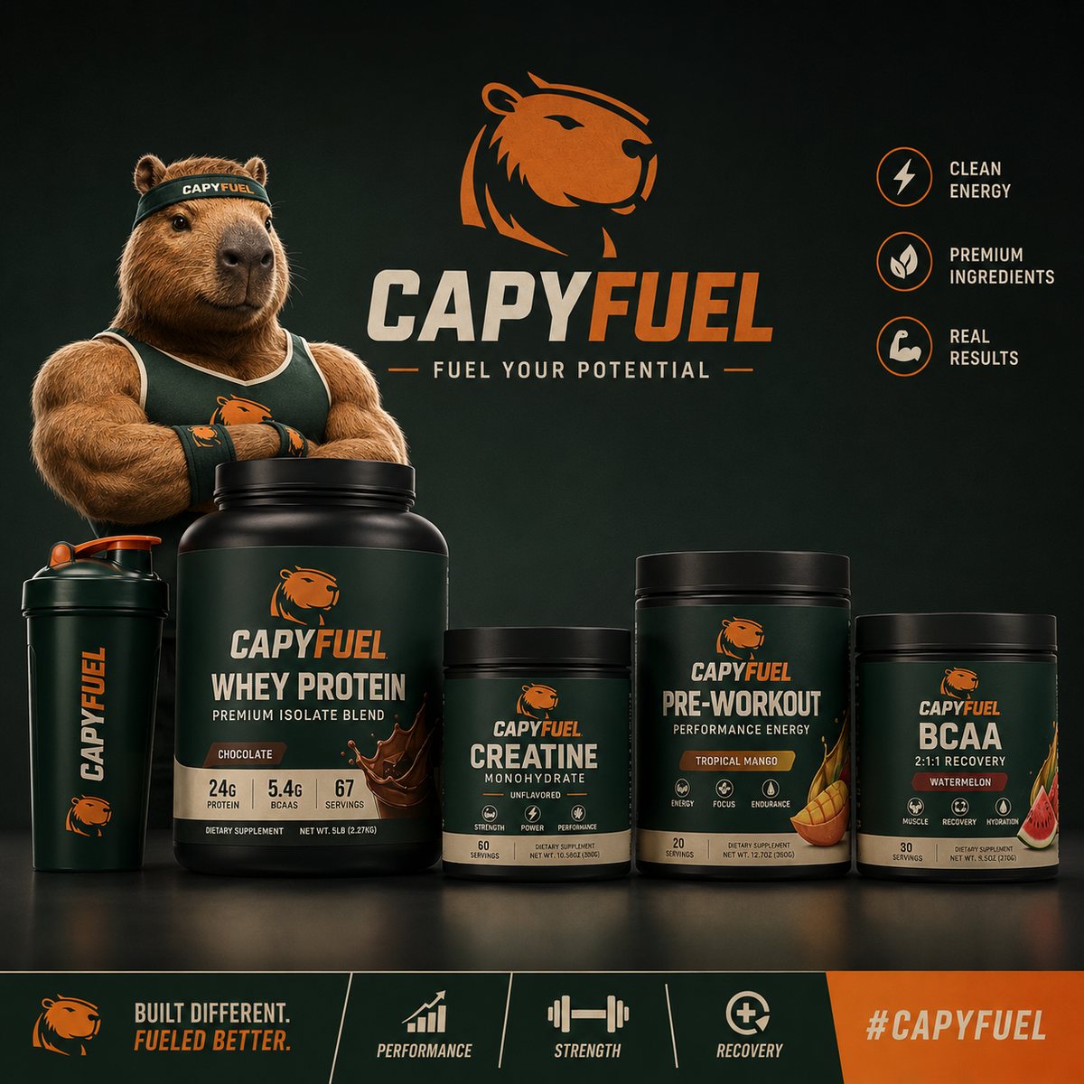 The CapyFuel range — whey protein, creatine, pre-workout and BCAA, with the CapyFuel capybara athlete.